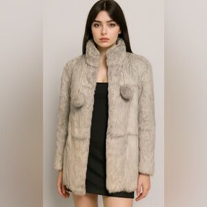 Gray Rabbit Fur Pom-Pom Jacket Coat Coquette Soft Glam Y2K Whimsigoth Medium